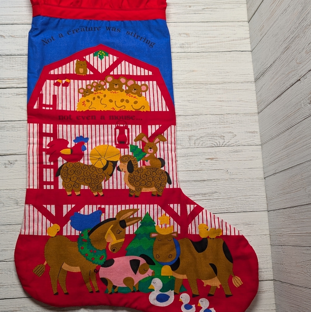 Vintage Cranston Christmas Farm Animals Santa Stocking 18.5"x13.5"